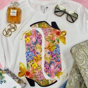 Pink Floral Butterfly Cowboy Boots Tee TShirt Size Medium